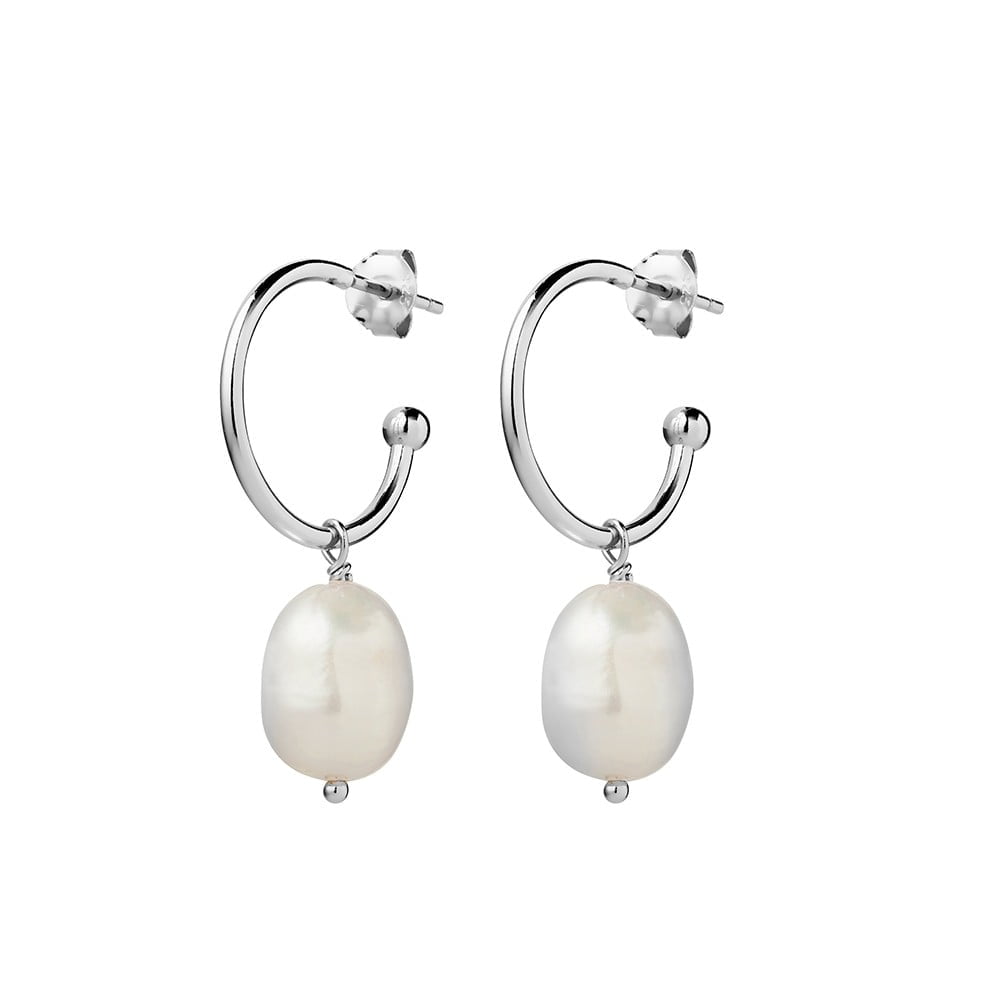3/4 Drop Hoop Pearl Earrings