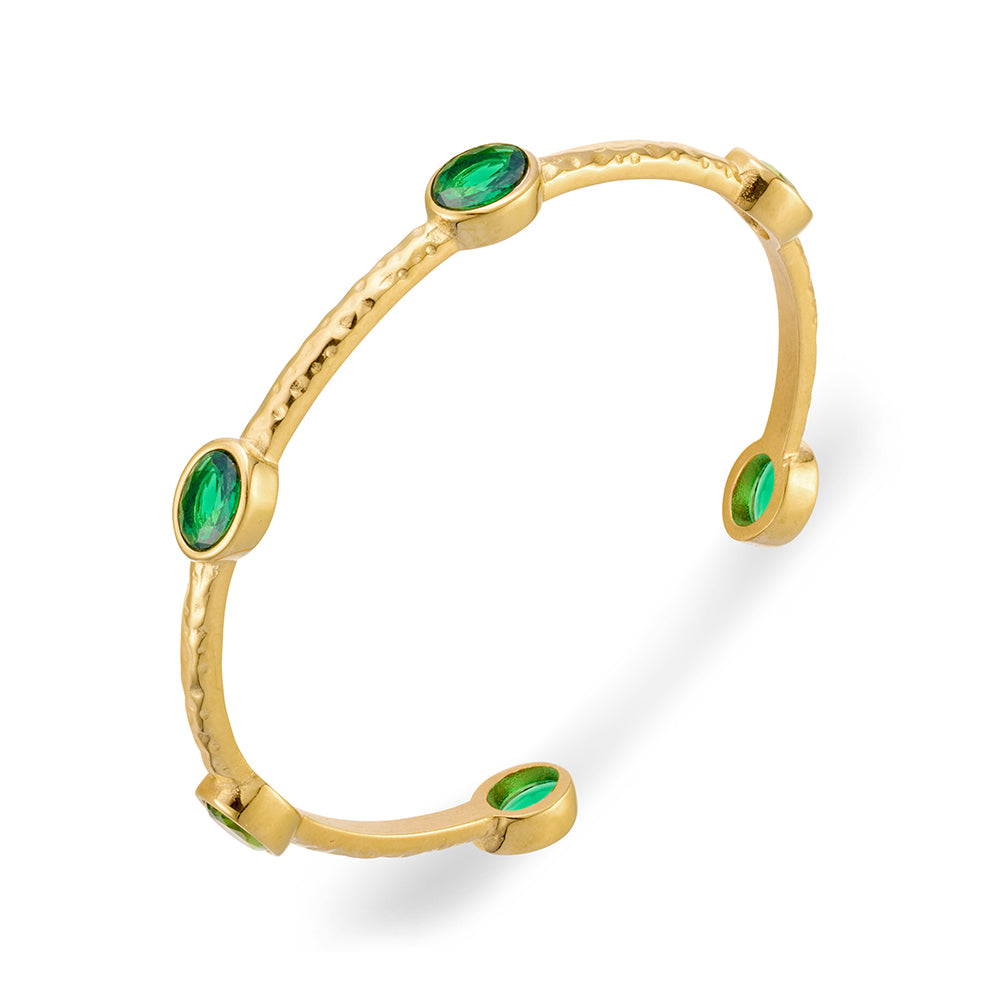 Seren stainless steel gold plated hammered finish cuff bangle with bezel set CZ