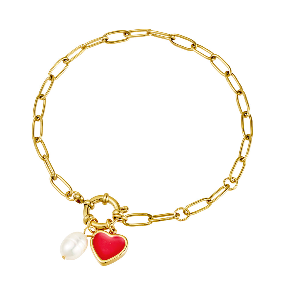 Seren stainless steel gold plated enamel heart & pearl charm bracelet