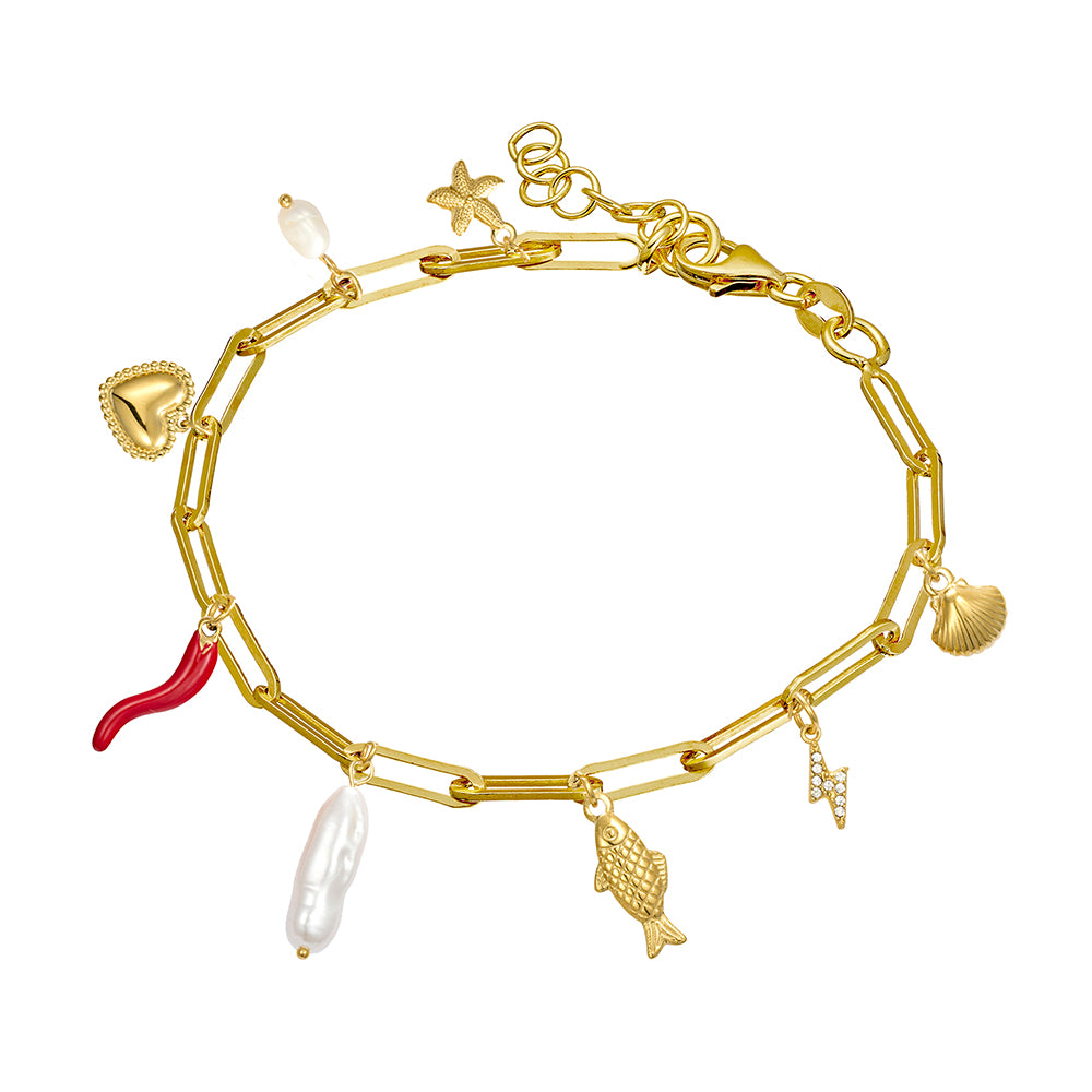 Seren stainless steel gold plated paperclip chain bracelet with multi-charms