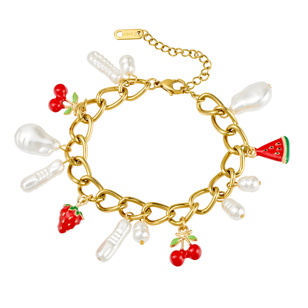 Seren stainless steel gold plated pearl & summer fruit charm bracelet