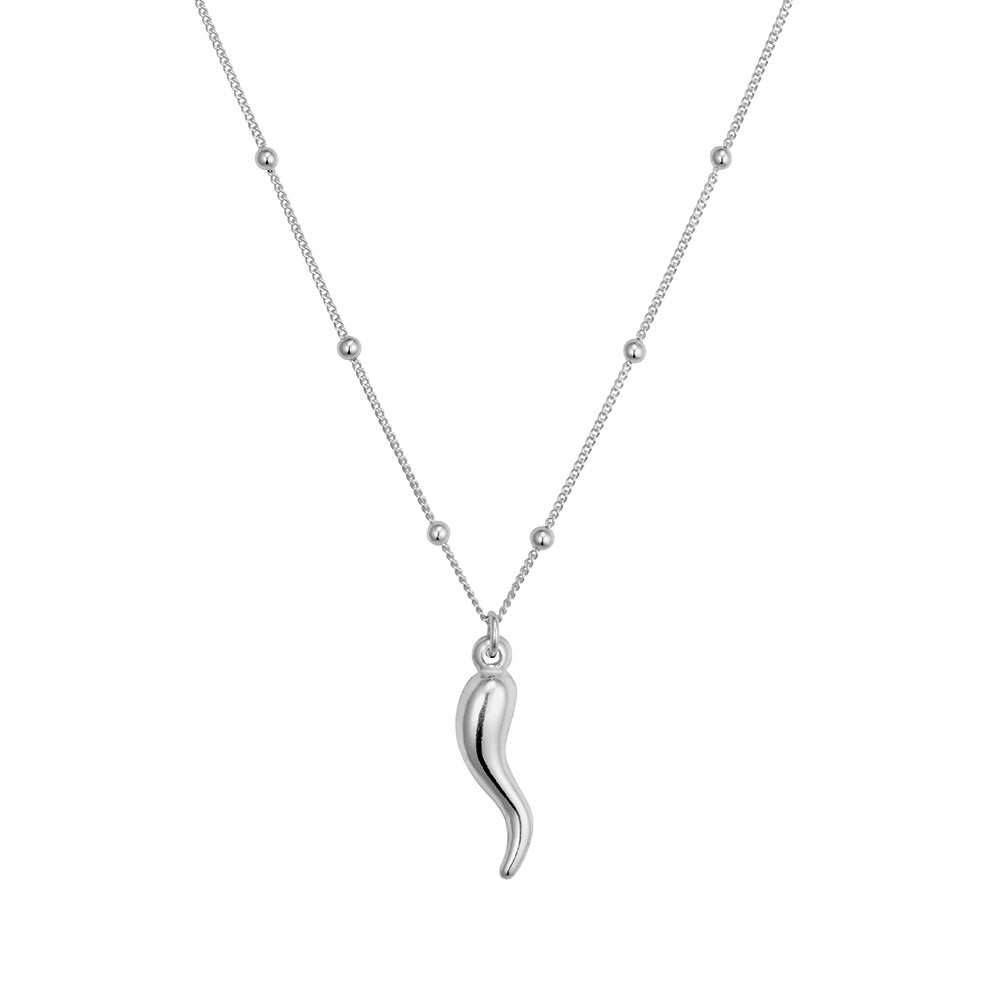 Sterling silver curb satellite chain necklace with Cornicello pendant