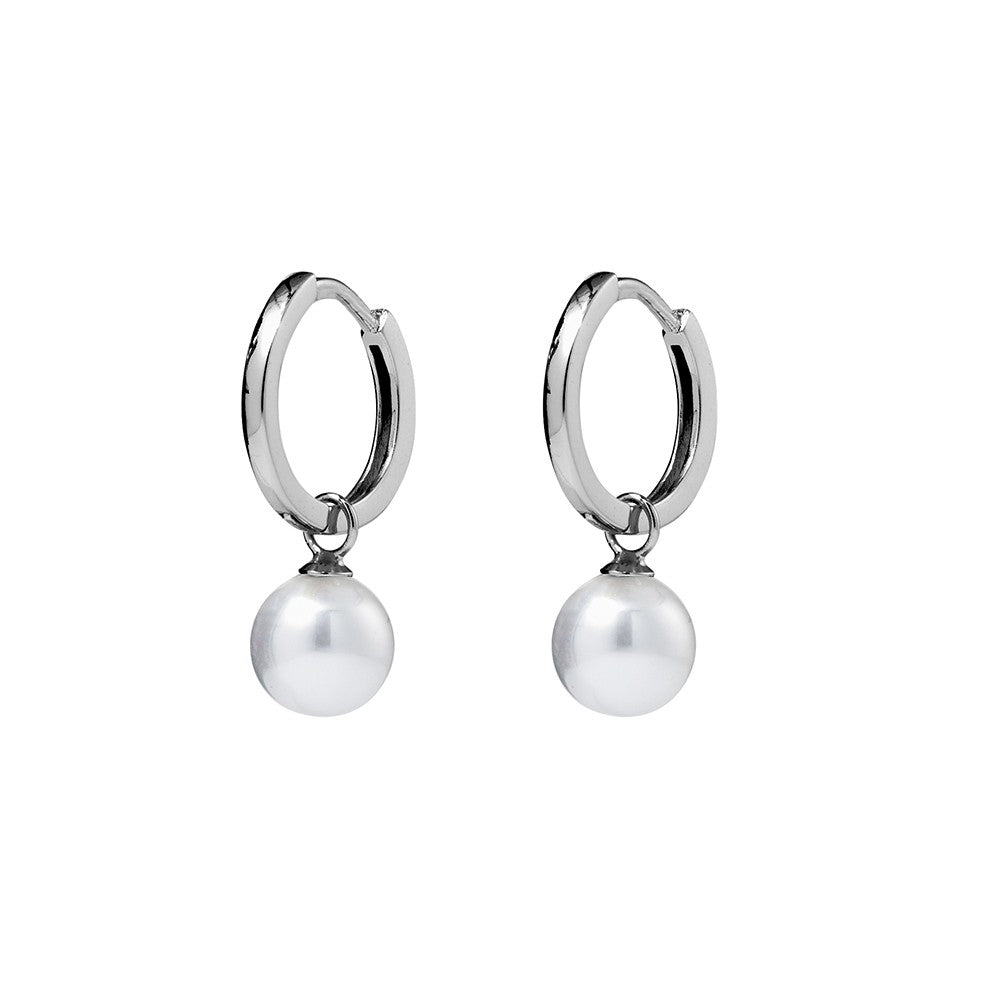 Sterling silver hinged hoop earrings with pearl drop