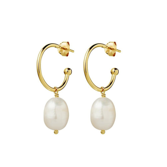 3/4 Drop Hoop Pearl Earrings
