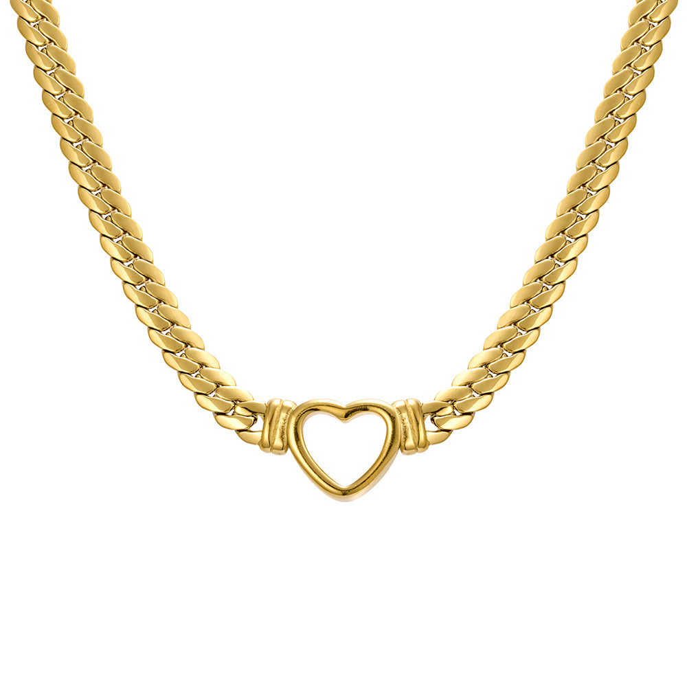 Seren stainless steel gold plated tight curb chain & open heart necklace