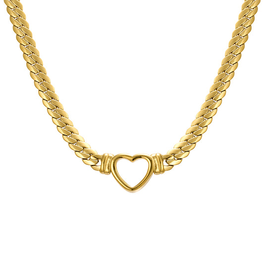 Seren stainless steel gold plated tight curb chain & open heart necklace