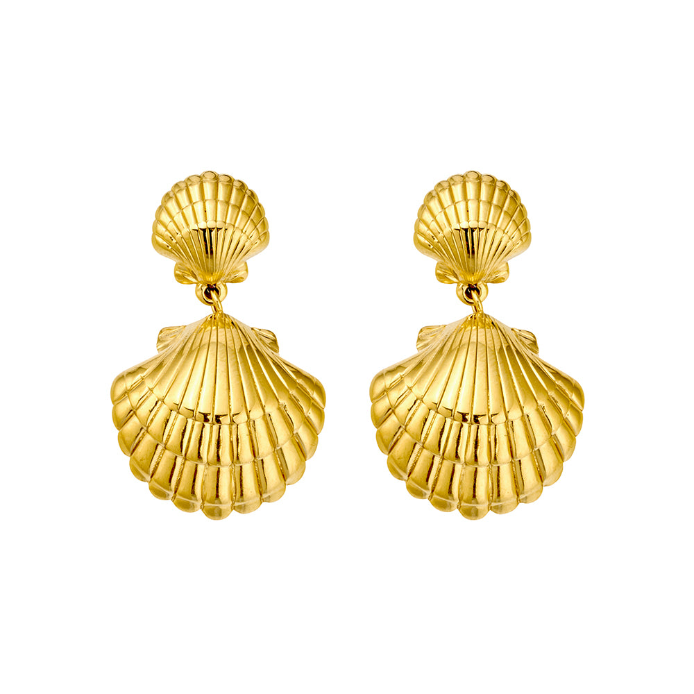 Seren stainless steel gold plated double sea shell drop earrings