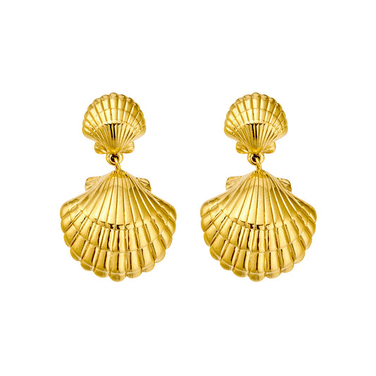 Seren stainless steel gold plated double sea shell drop earrings