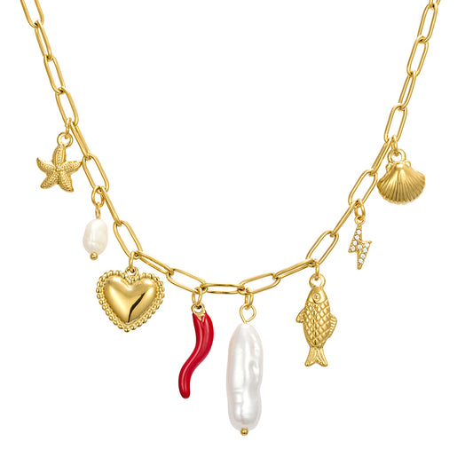 Seren stainless steel gold plated paperclip chain necklace with multi-charms
