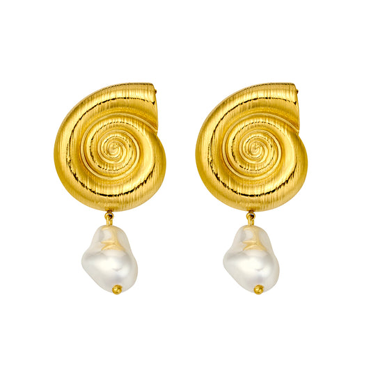 Seren stainless steel gold plated spiral shell and pearl drop earrings