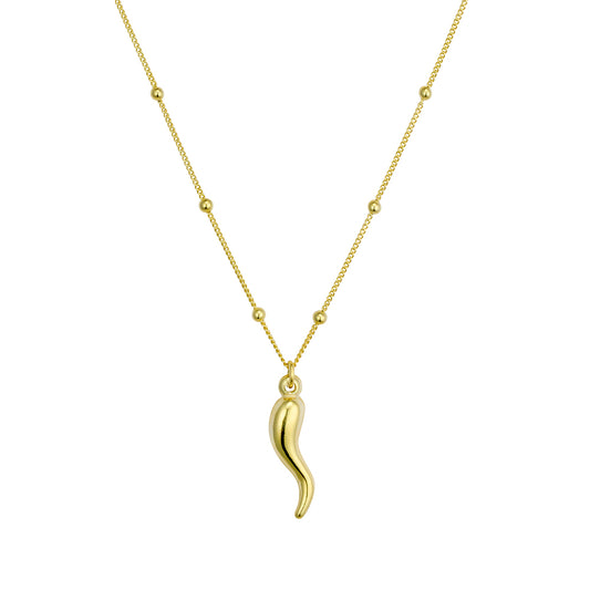 Sterling silver curb satellite chain necklace with Cornicello pendant
